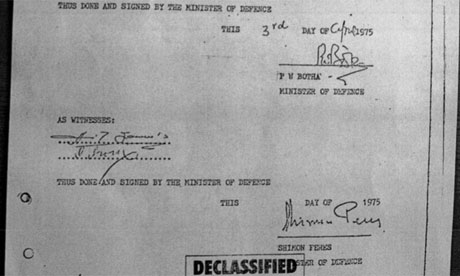 The secret military agreement signed by Shimon Peres, now president of Israel, and P W Botha of South Africa. Photograph: Guardian